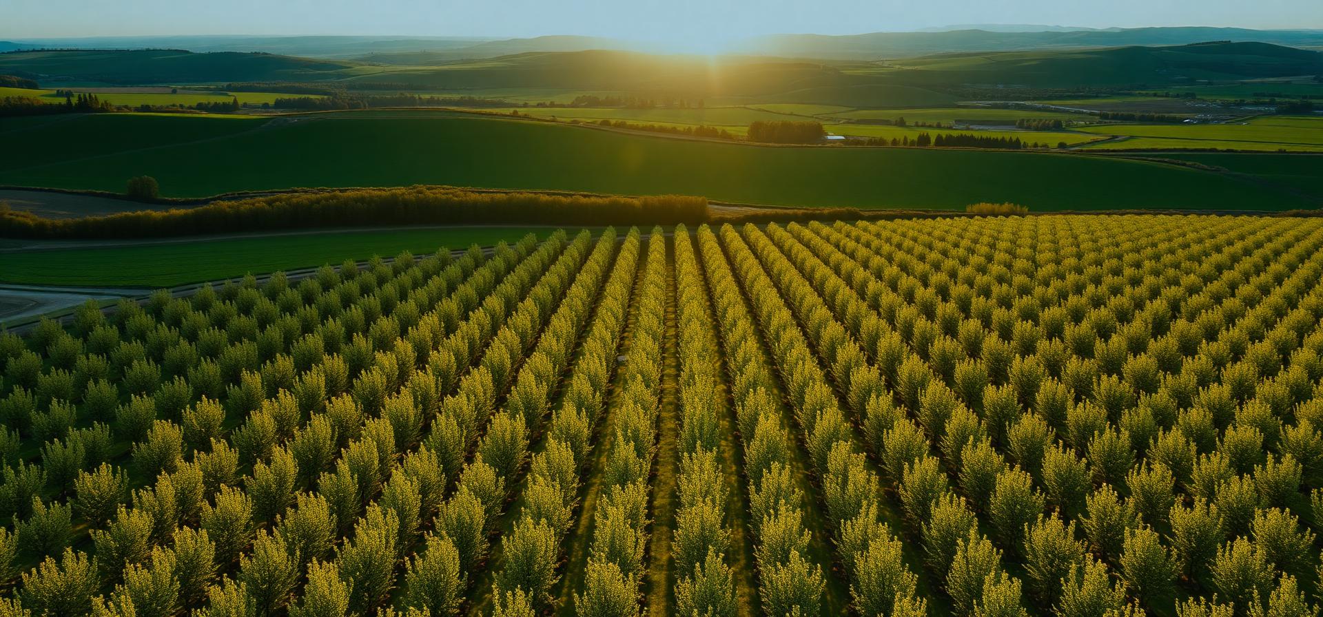 Polish apple orchard at golden hour